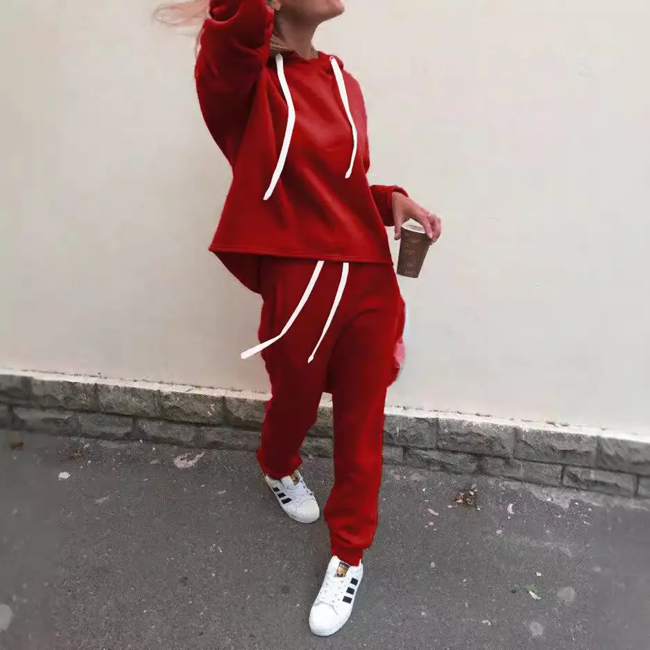 Women Hooded Sweatshirt Set Brown Asymmetrical 2-Piece - Image 6