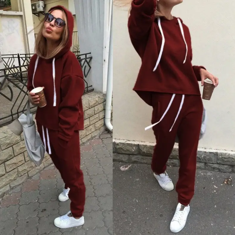 Women Hooded Sweatshirt Set Brown Asymmetrical 2-Piece - Image 7
