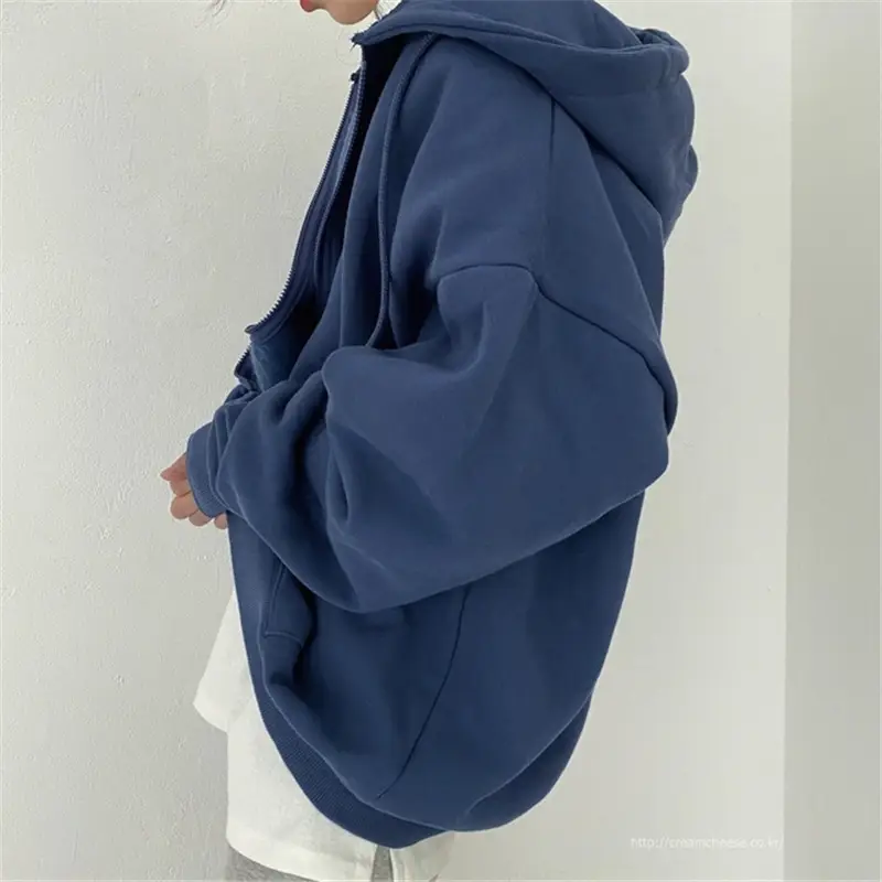 Women's Blue Fleece Hooded Hoodie Loose Fit Winter Coat - Image 2
