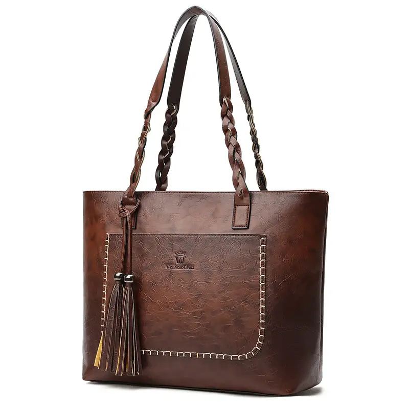 Women's Tassel Shoulder Bag Brown Leather Large Capacity - Image 11