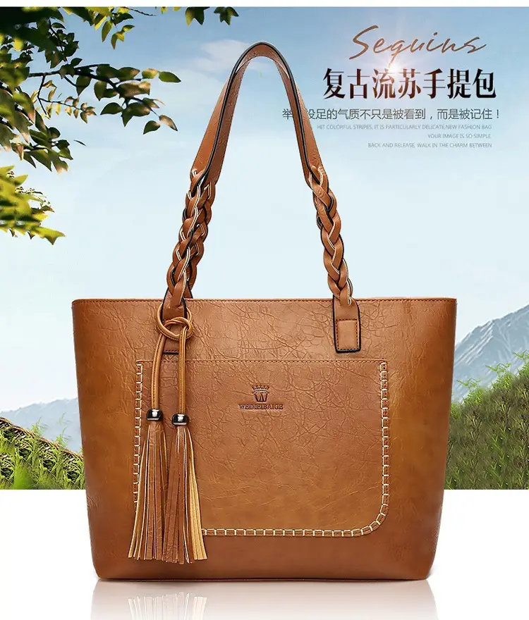 Women's Tassel Shoulder Bag Brown Leather Large Capacity — feature 1