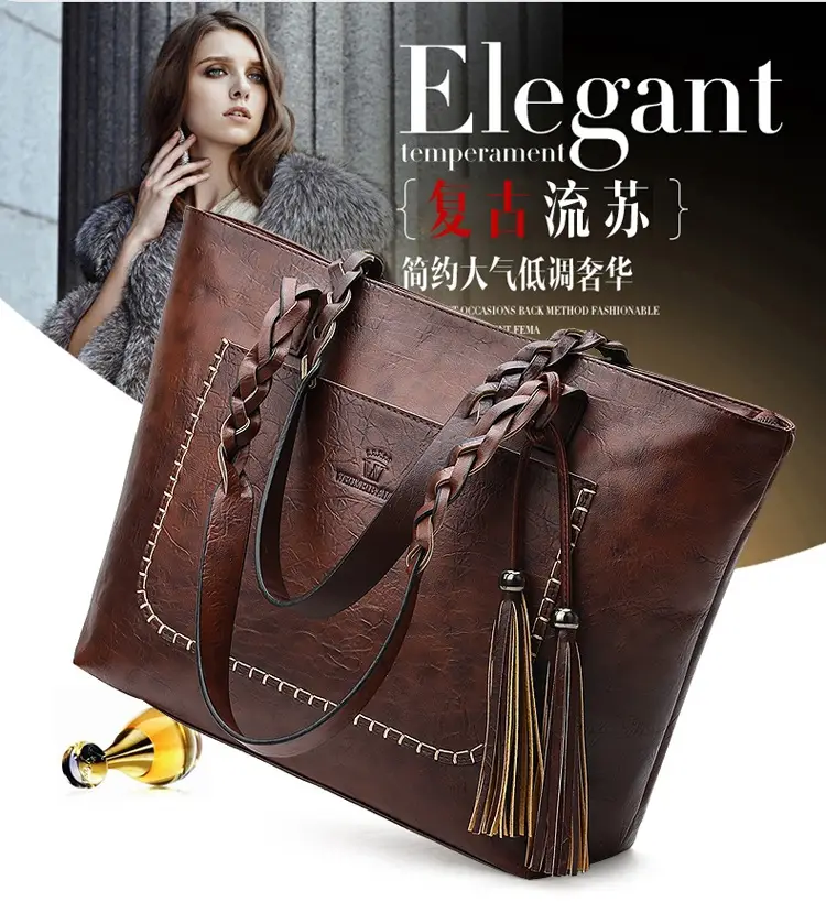 Women's Tassel Shoulder Bag Brown Leather Large Capacity — feature 2