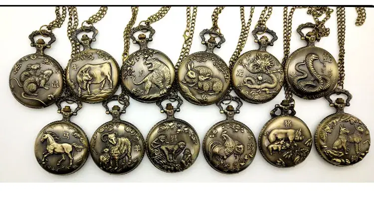 Twelve Zodiac Embossed Bronze Pocket Watch Necklace — feature 1
