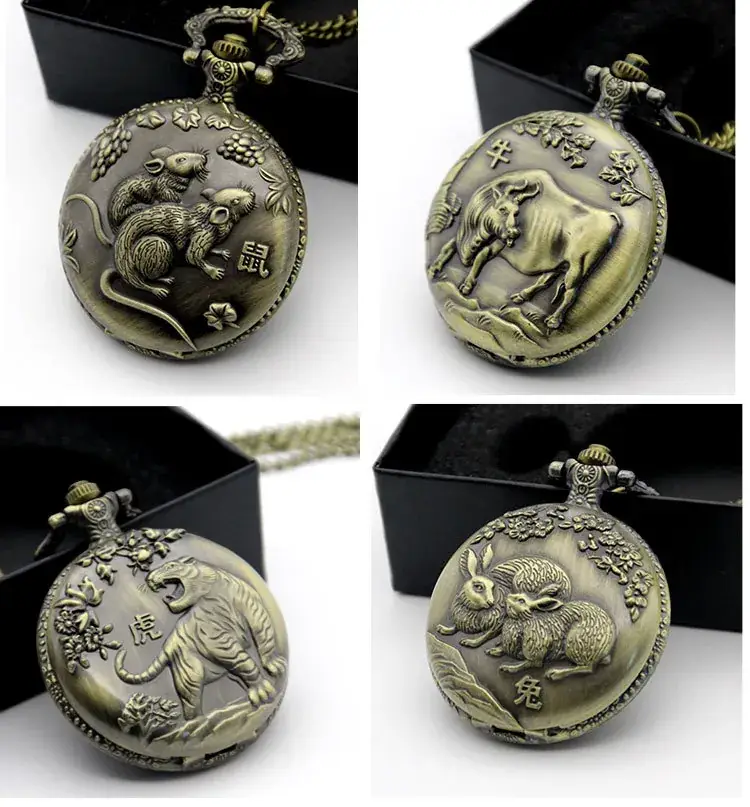 Twelve Zodiac Embossed Bronze Pocket Watch Necklace — feature 10