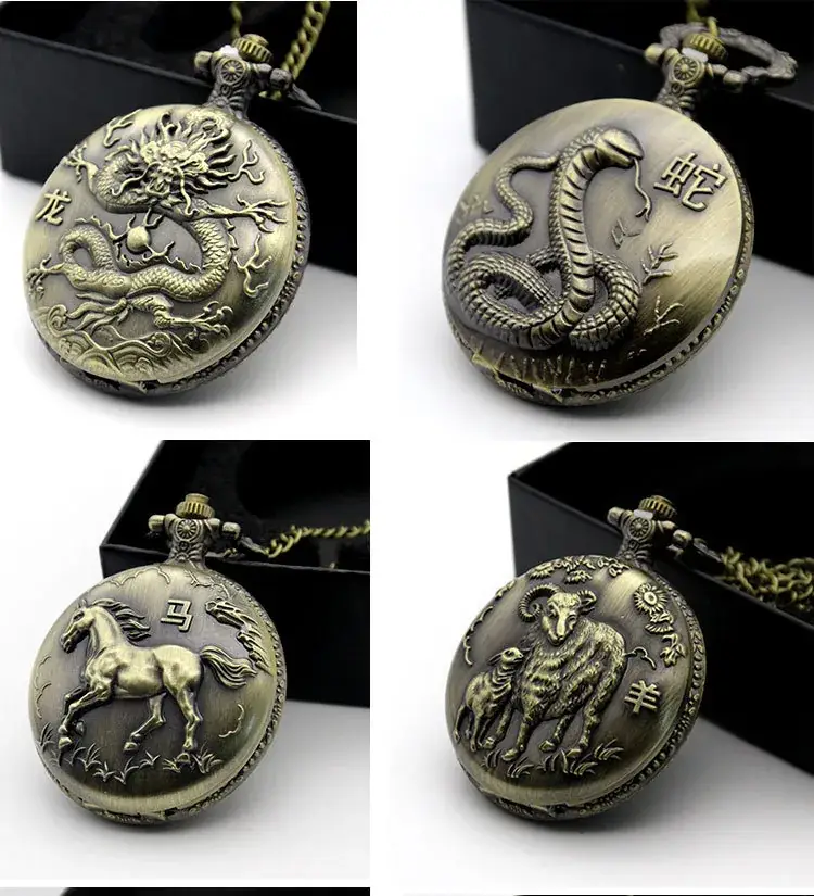 Twelve Zodiac Embossed Bronze Pocket Watch Necklace — feature 11