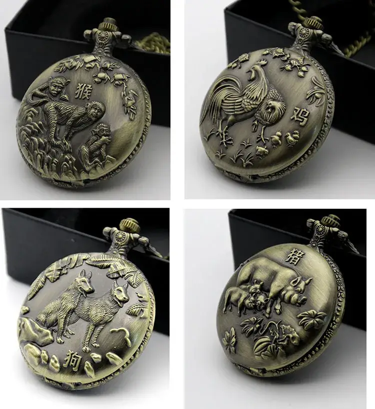 Twelve Zodiac Embossed Bronze Pocket Watch Necklace — feature 12