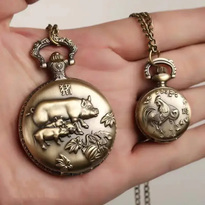 Twelve Zodiac Embossed Bronze Pocket Watch Necklace — feature 14