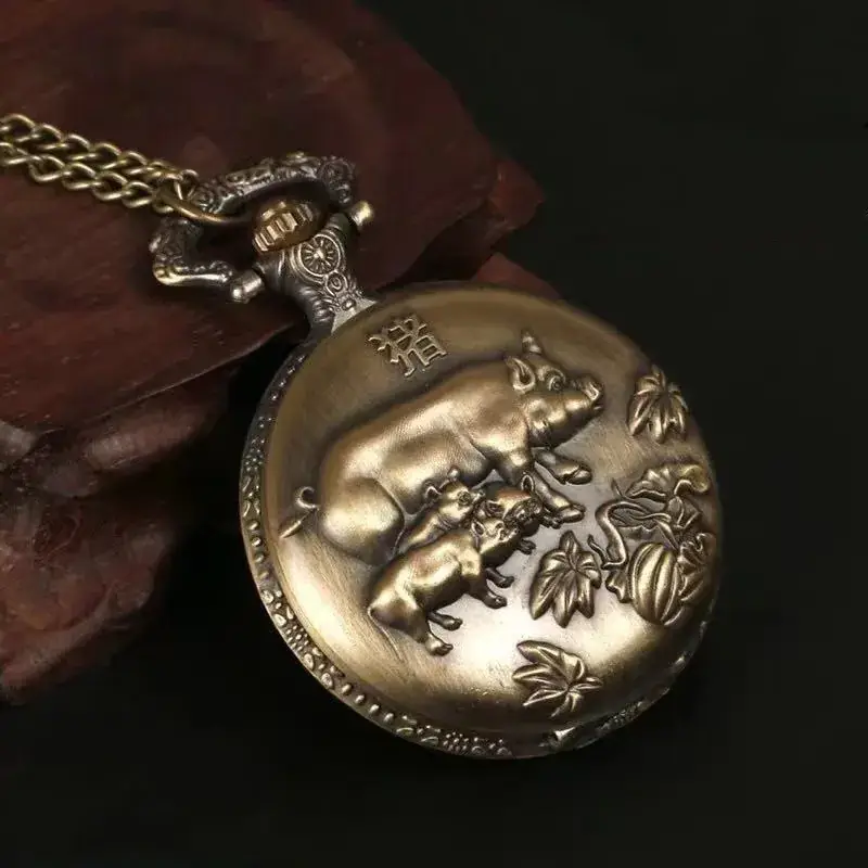 Twelve Zodiac Embossed Bronze Pocket Watch Necklace — feature 3
