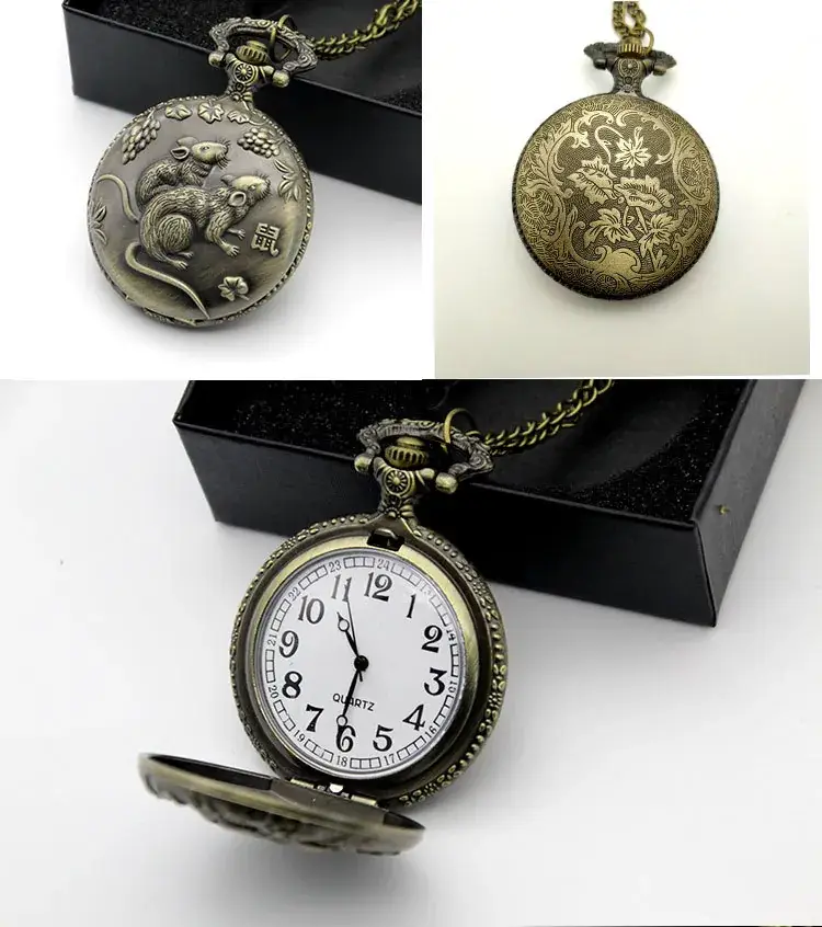 Twelve Zodiac Embossed Bronze Pocket Watch Necklace — feature 7