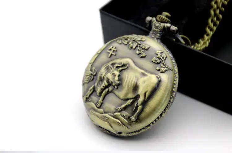 Twelve Zodiac Embossed Bronze Pocket Watch Necklace — feature 8