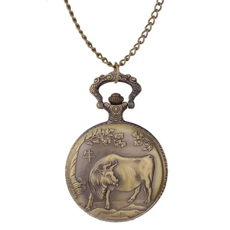 Twelve Zodiac Embossed Bronze Pocket Watch Necklace - Image 2