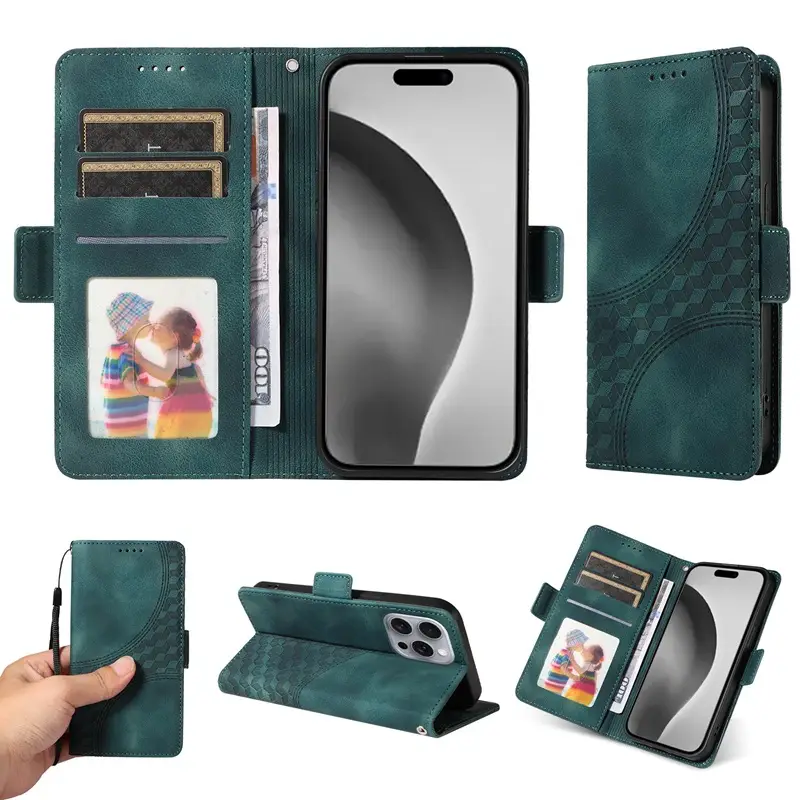 Green Leather iPhone Phone Case with Card Holder Stand - Image 8