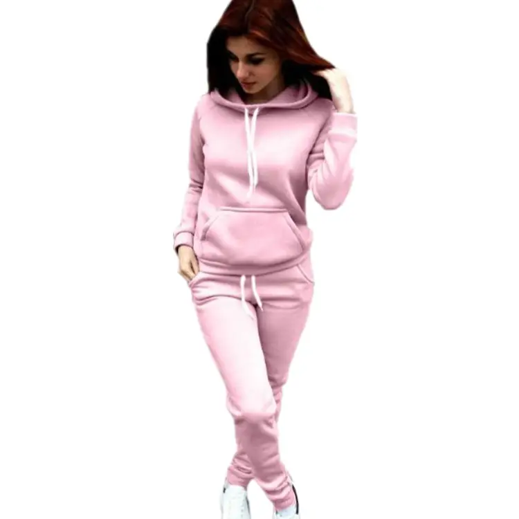 Women Pink Fleece Hooded Sweatshirt Set Winter Sports Suit