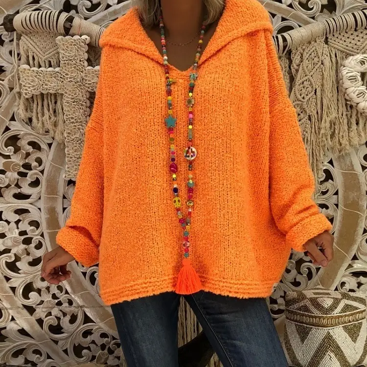 Women's Knitted Hooded Pullover Plus Size Brown 2025 - Image 12