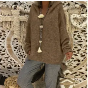 Women's Knitted Hooded Pullover Plus Size Brown 2025 - Image 3