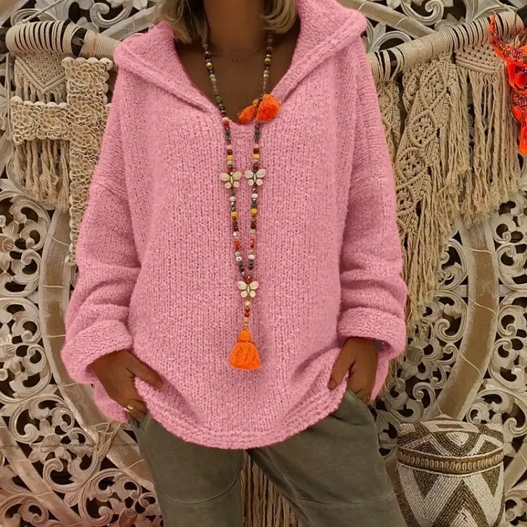 Women's Knitted Hooded Pullover Plus Size Brown 2025 - Image 7