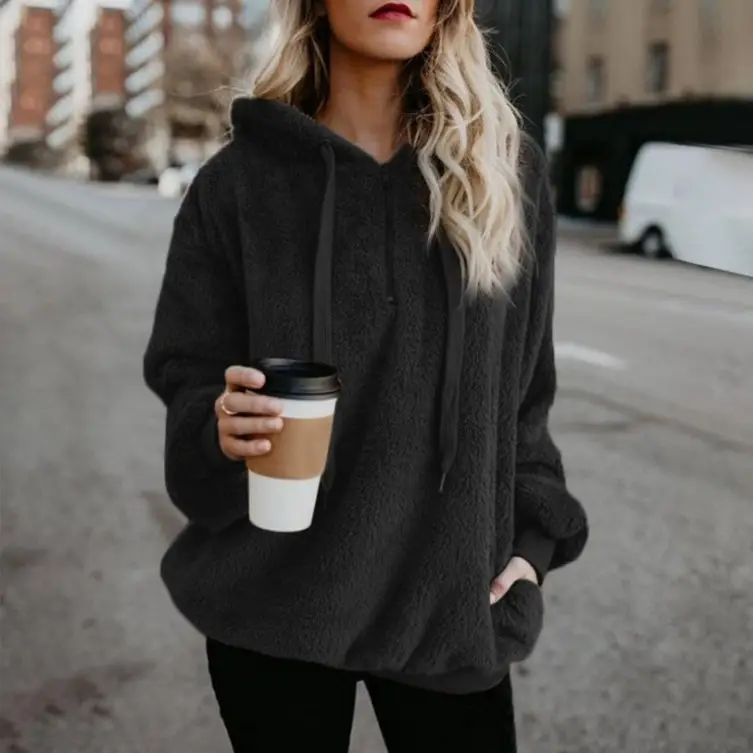 Women's Long Sleeve Hooded Sweatshirt Gray Solid Color