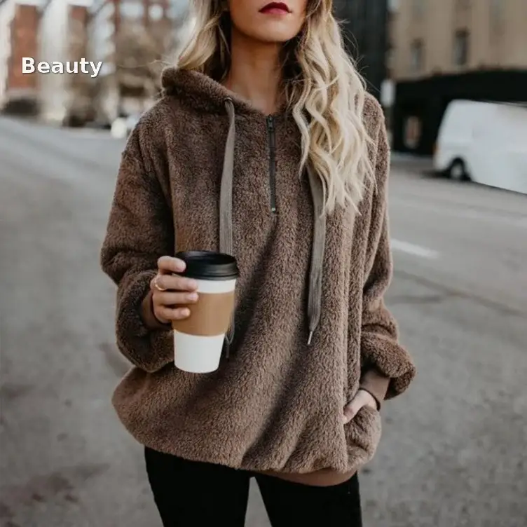 Women's Long Sleeve Hooded Sweatshirt Gray Solid Color — feature 3