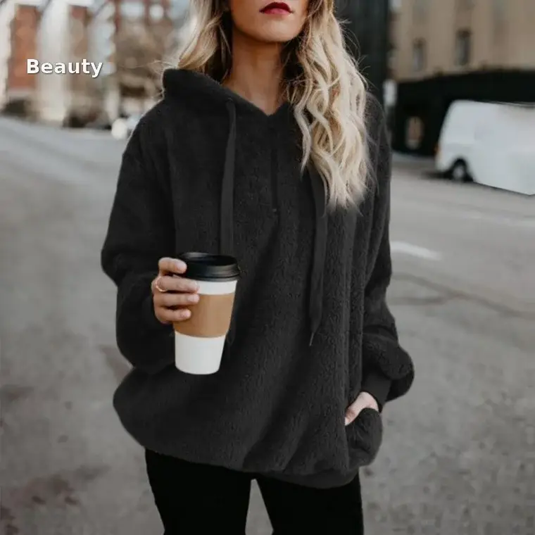 Women's Long Sleeve Hooded Sweatshirt Gray Solid Color — feature 5
