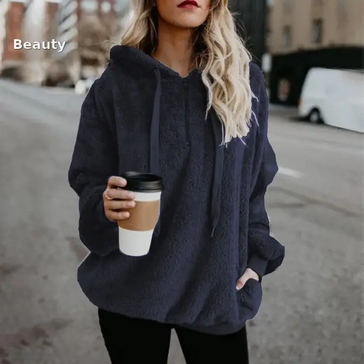 Women's Long Sleeve Hooded Sweatshirt Gray Solid Color — feature 8