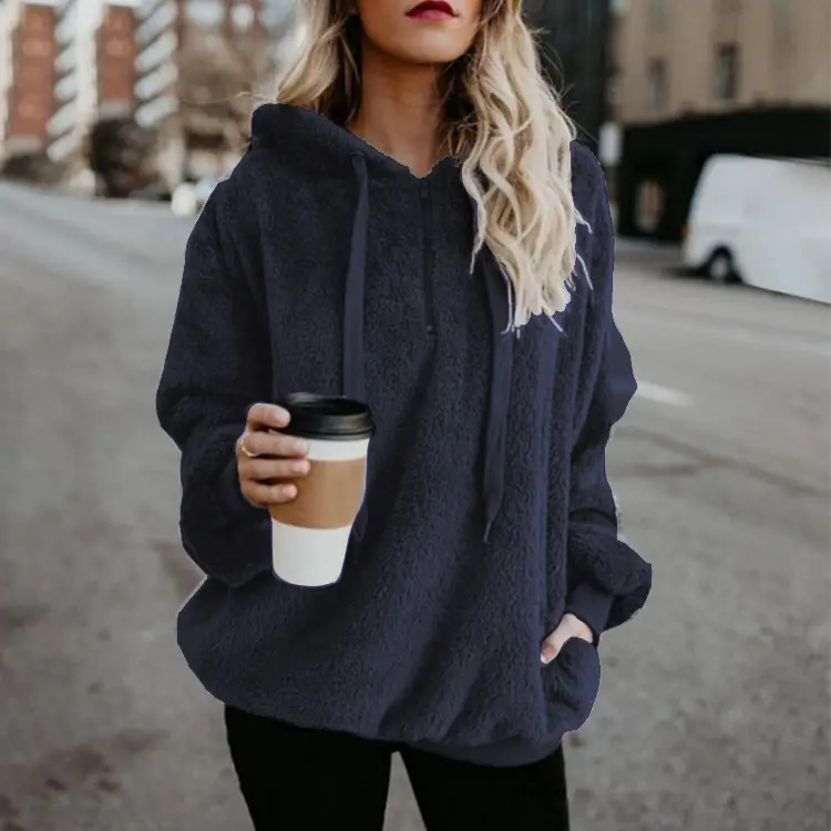 Women's Long Sleeve Hooded Sweatshirt Gray Solid Color