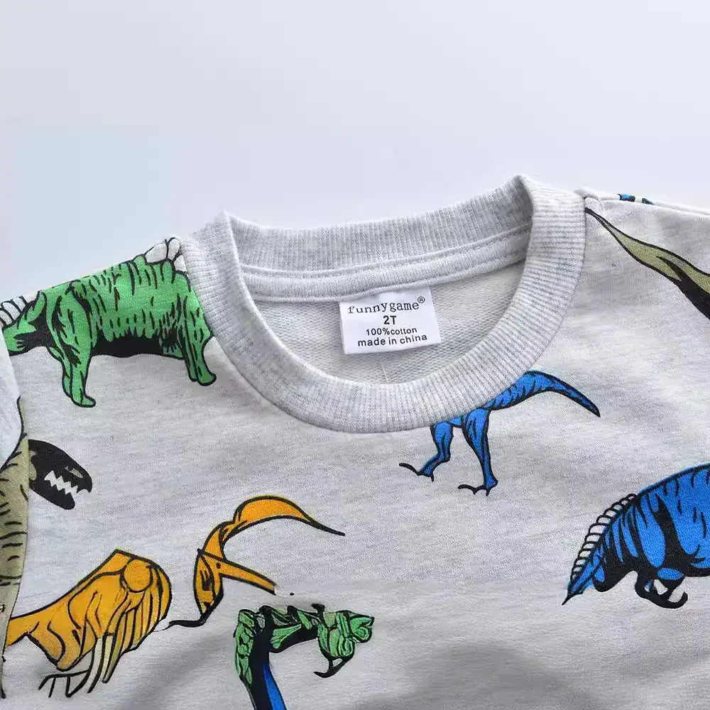 Children's Cartoon Dinosaur Sweatshirt Grey Cotton Long Sleeve - Image 5