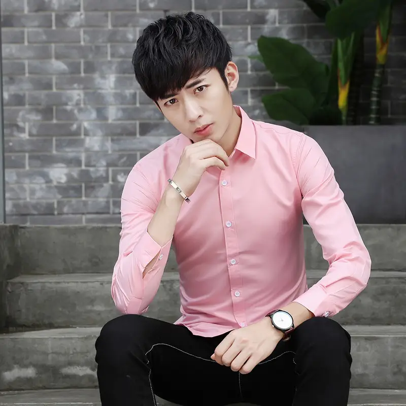 2018 Slim Fit Pink Men's Long Sleeve Shirt - Image 6