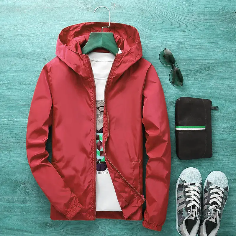 Men's Grey Hooded Windbreaker Jacket with Print - Image 2