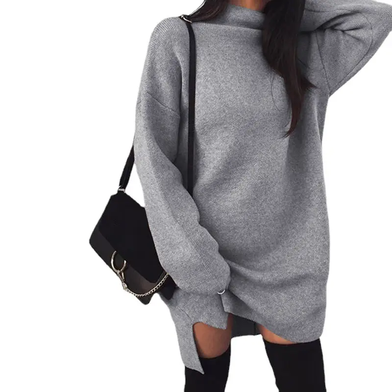 Women Grey Long Sleeve Split Knit Hoodie Set