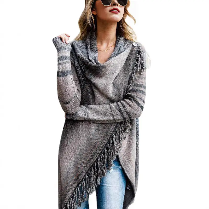 Striped Tassel Coat for Women Brown Black Striped - Image 7