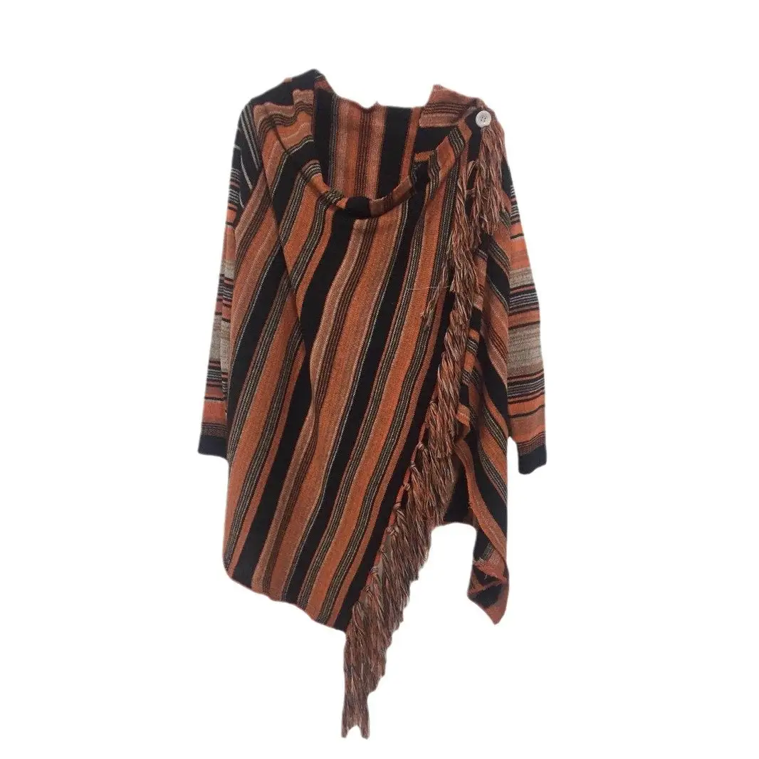 Striped Tassel Coat for Women Brown Black Striped - Image 9