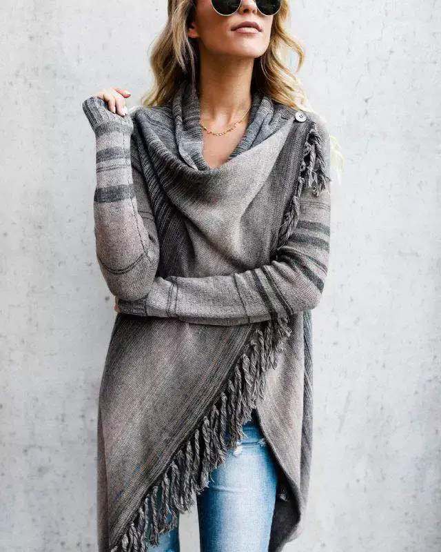 Striped Tassel Coat for Women Brown Black Striped — feature 12