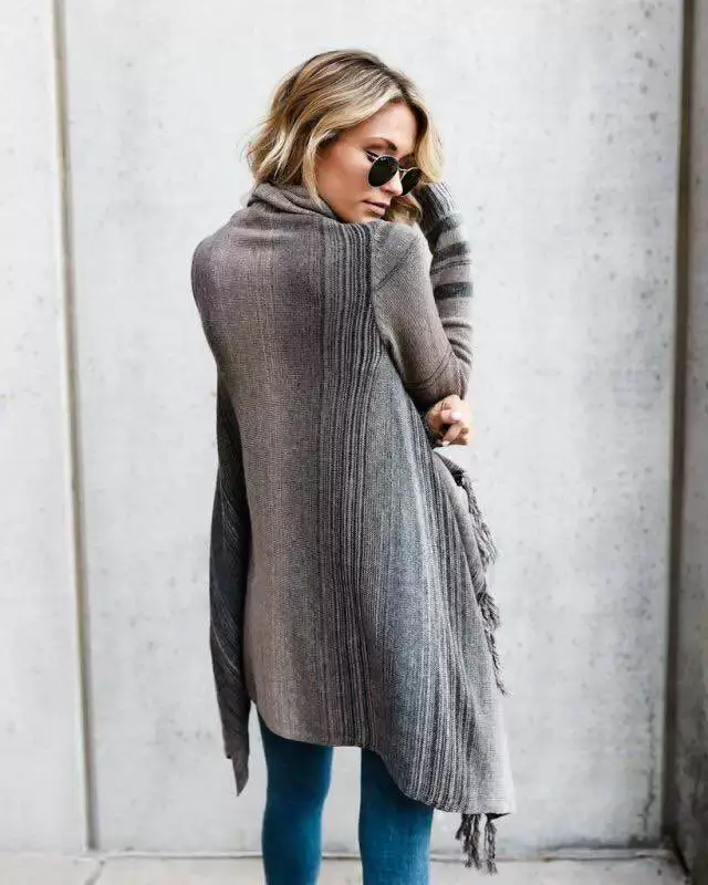 Striped Tassel Coat for Women Brown Black Striped — feature 13