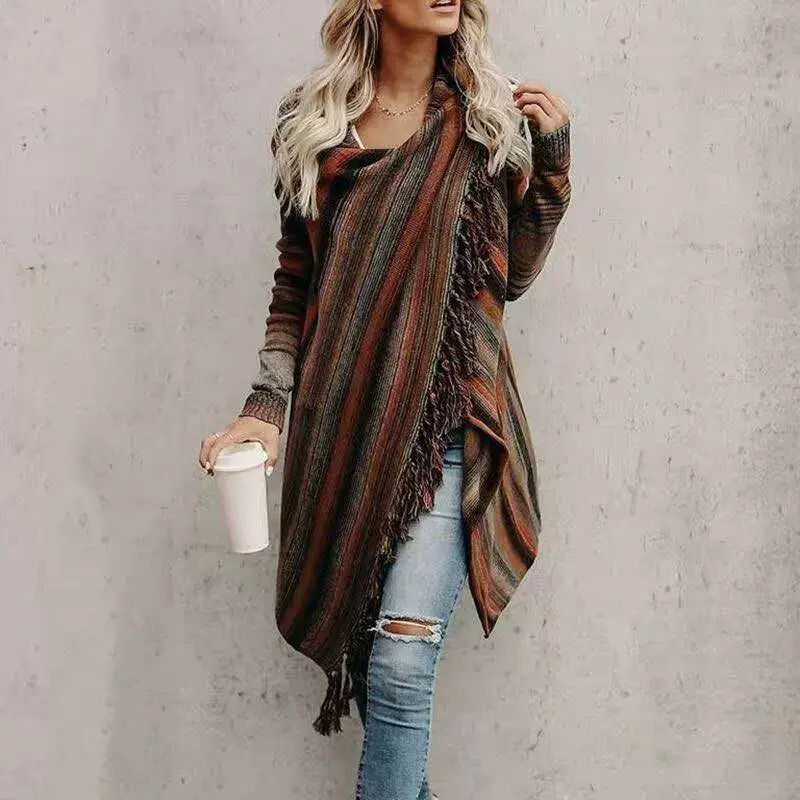 Striped Tassel Coat for Women Brown Black Striped — feature 8