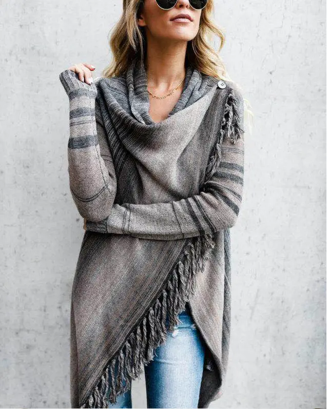Striped Tassel Coat for Women Brown Black Striped - Image 3