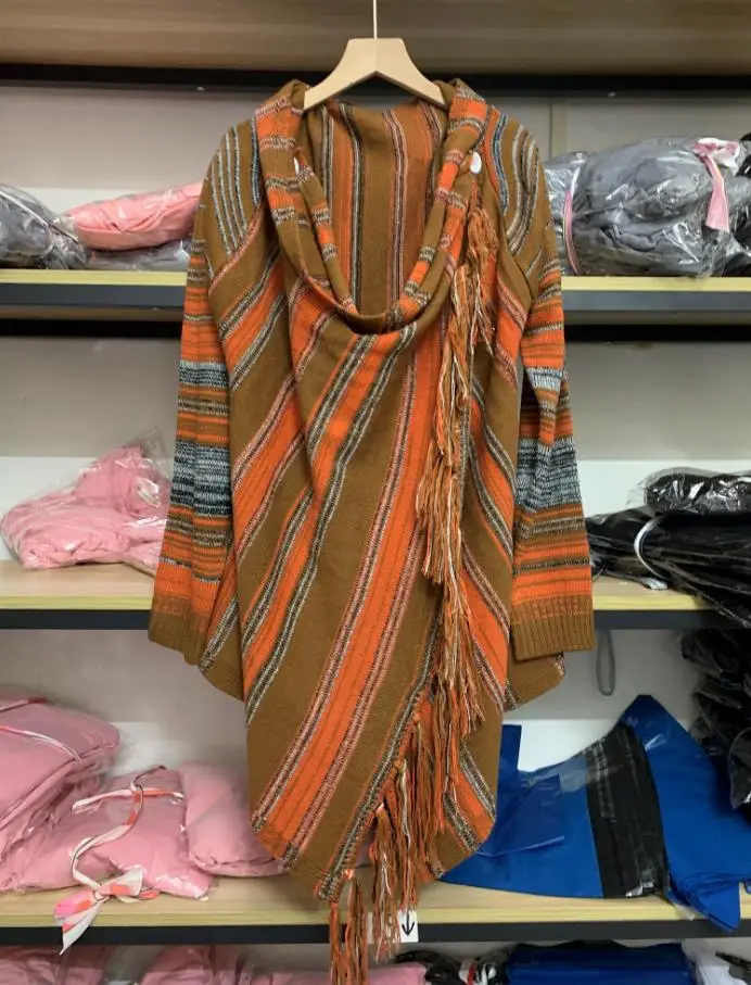 Striped Tassel Coat for Women Brown Black Striped - Image 4