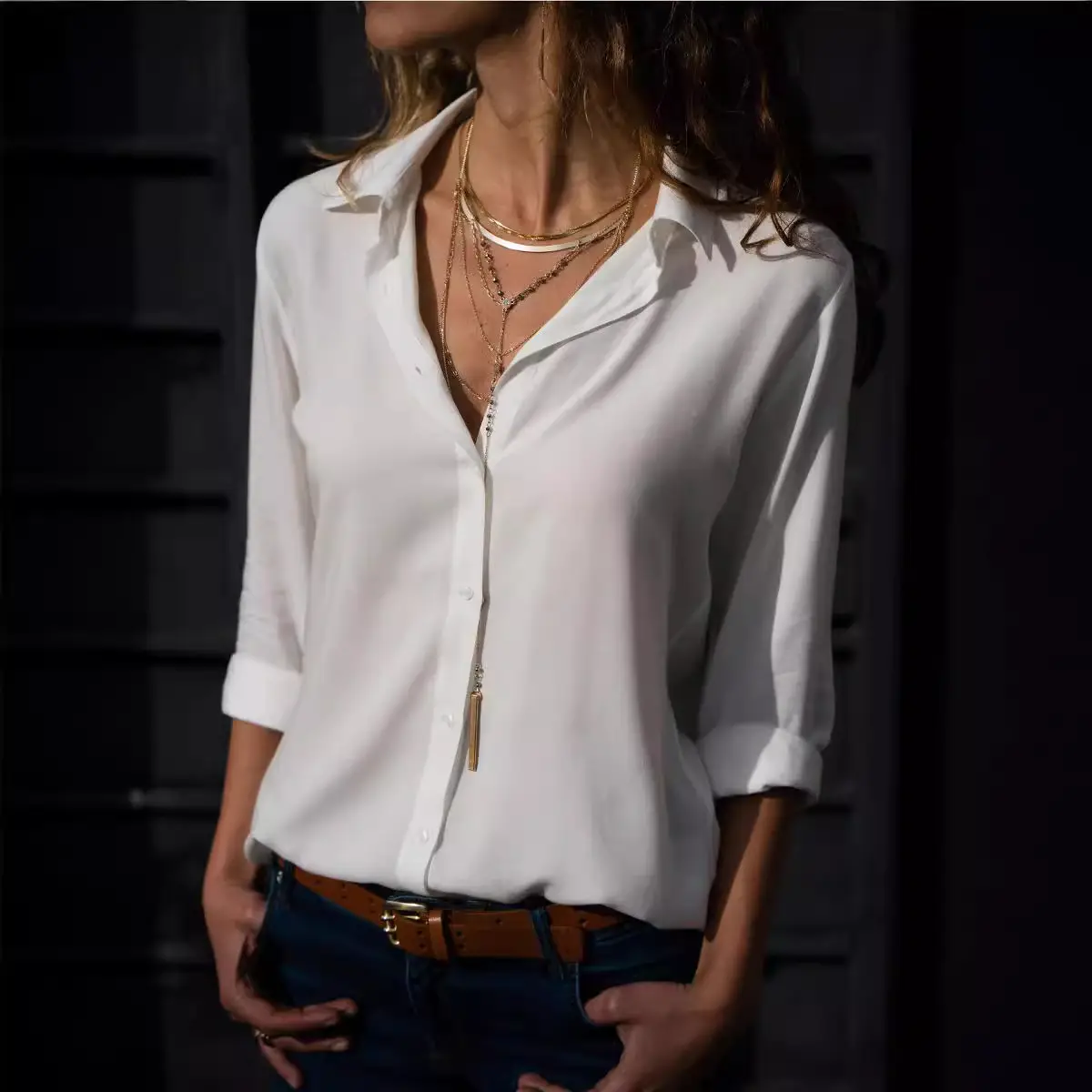 2018 Women's Grey V-Button Chiffon Shirt - Image 11