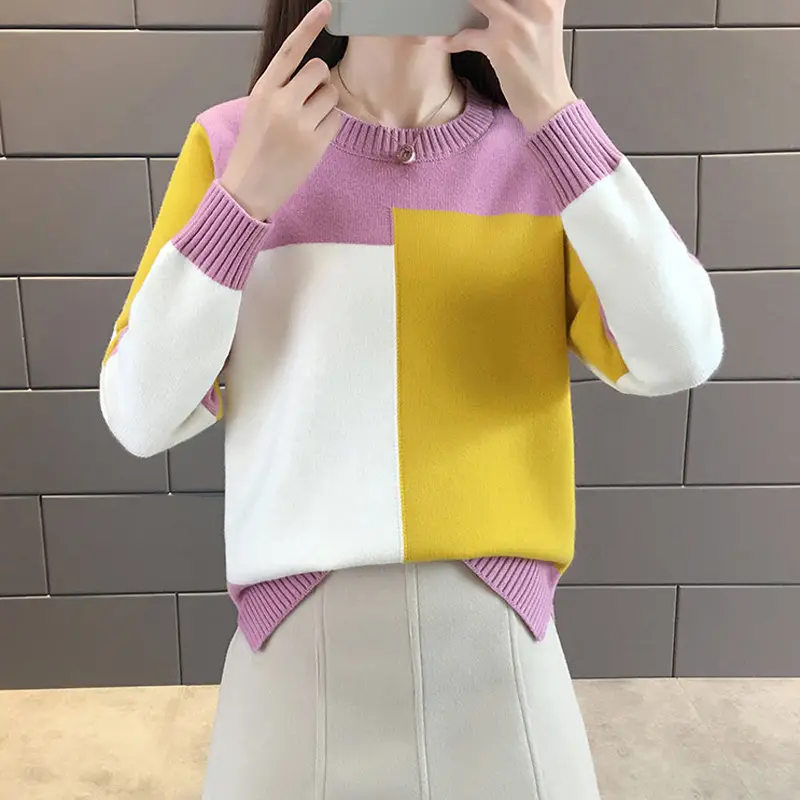 Korean Style Color-Block Knit Pullover Sweater for Women - Image 2
