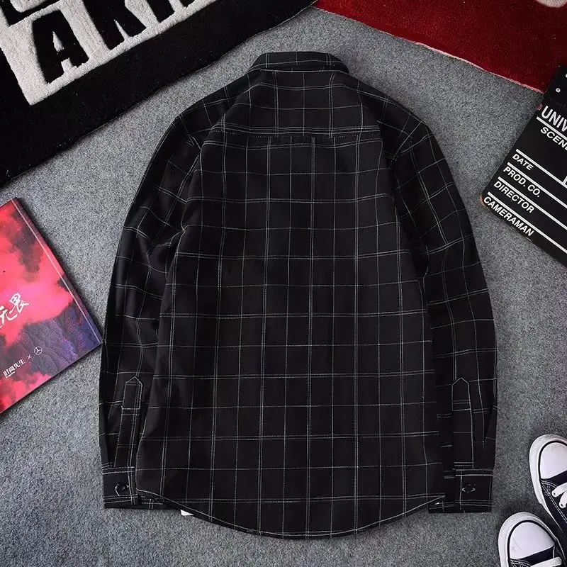 Men Korean Style Plaid Long Sleeve Shirt Black - Image 3