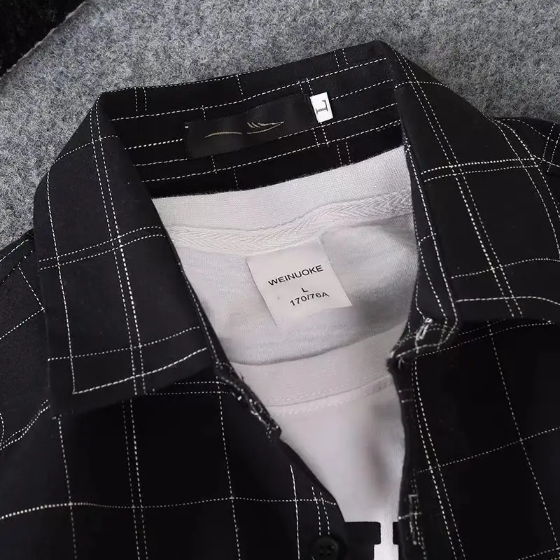 Men Korean Style Plaid Long Sleeve Shirt Black - Image 4