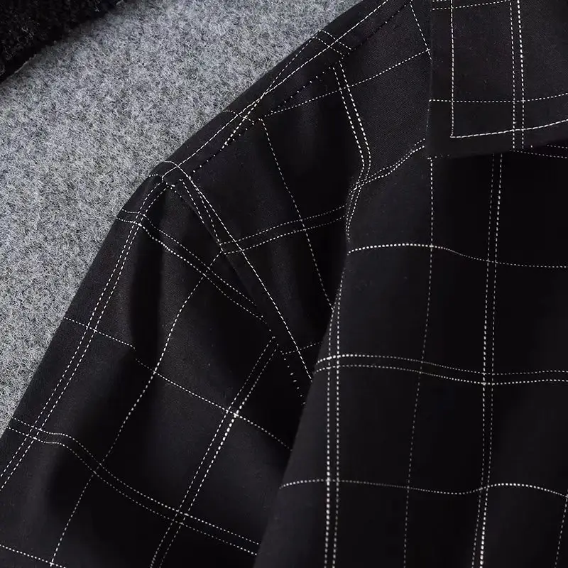 Men Korean Style Plaid Long Sleeve Shirt Black - Image 5