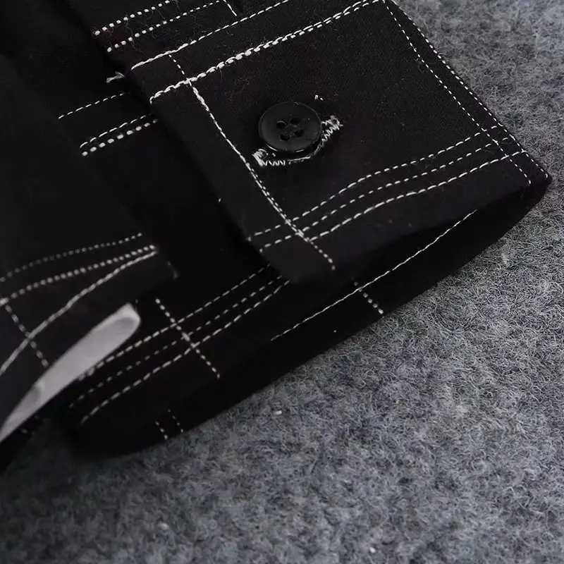 Men Korean Style Plaid Long Sleeve Shirt Black - Image 6