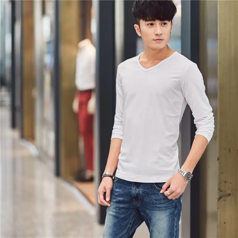 Men's Black Long Sleeve V-Neck T-Shirt Slim Fit - Image 14