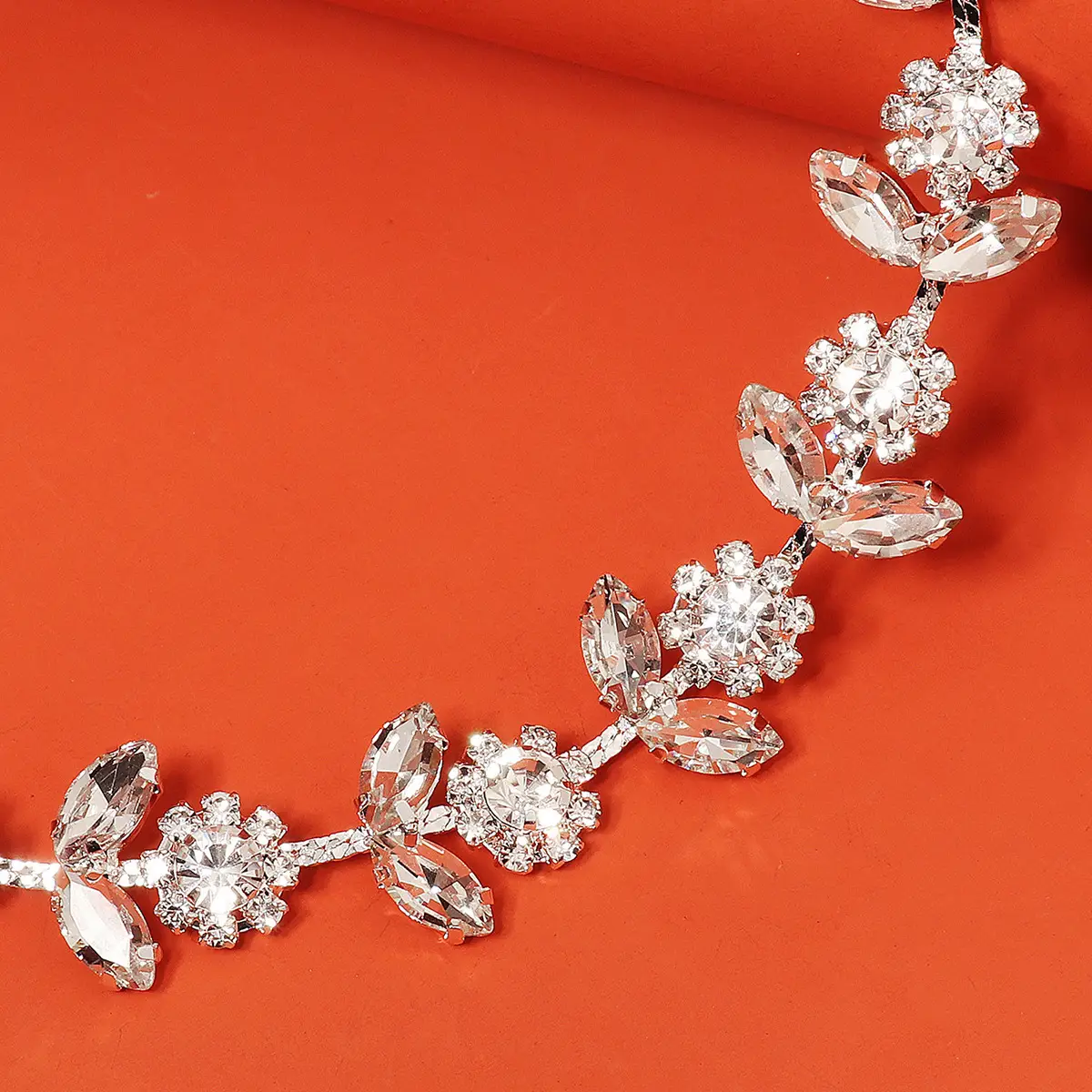 European Bridal Headband with Rhinestone Flower Design