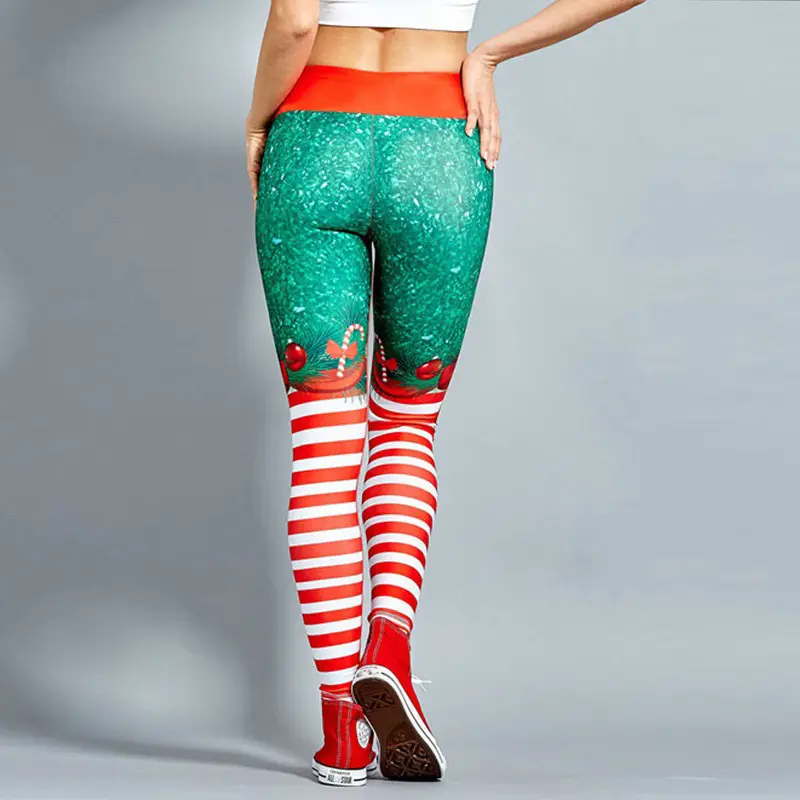 Christmas Printed Yoga Pants Red White Striped Leggings