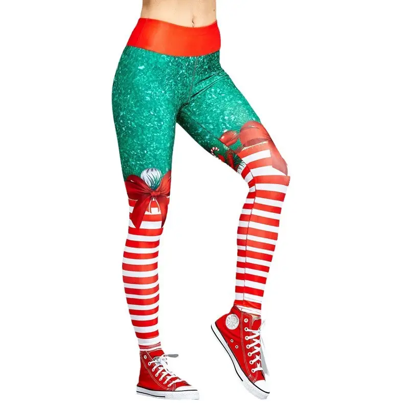 Christmas Printed Yoga Pants Red White Striped Leggings