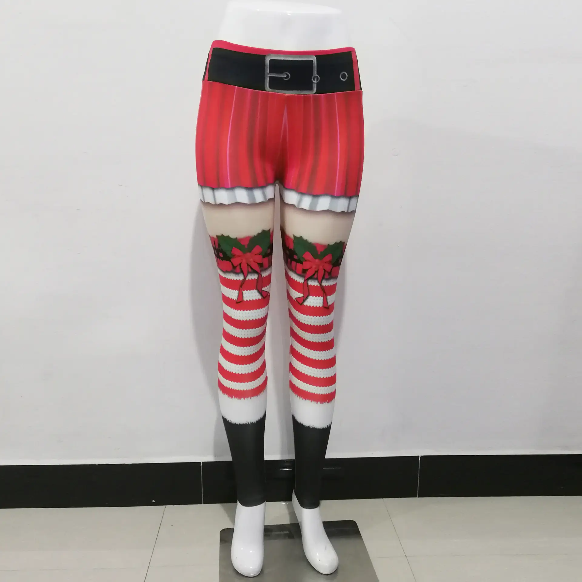Christmas Printed Yoga Pants Red White Striped Leggings