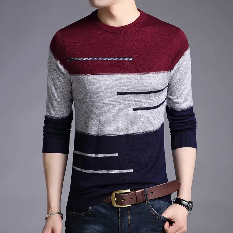 New Men Knitted T-Shirt Maroon Grey Blue Slim Fit - Image 2