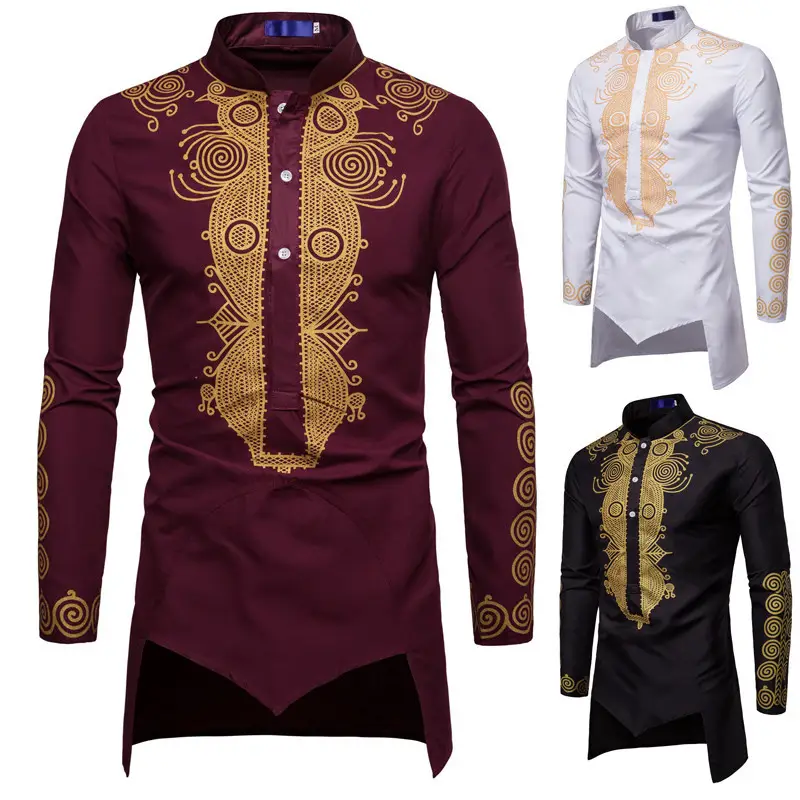 Men's Maroon Embroidered Long Sleeve Shirt with Gold Print