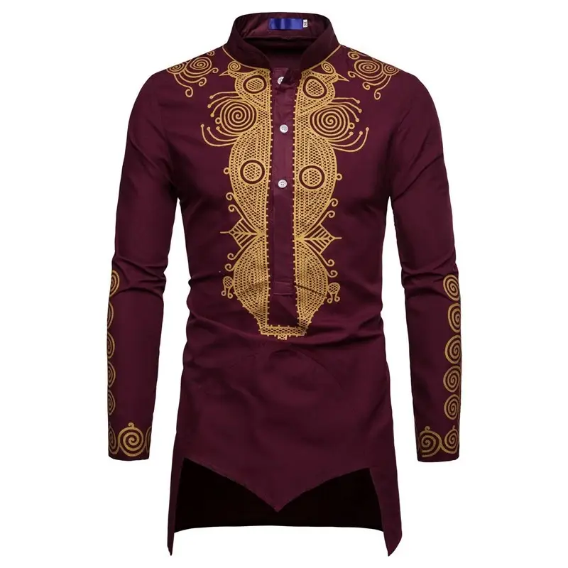 Men's Maroon Embroidered Long Sleeve Shirt with Gold Print
